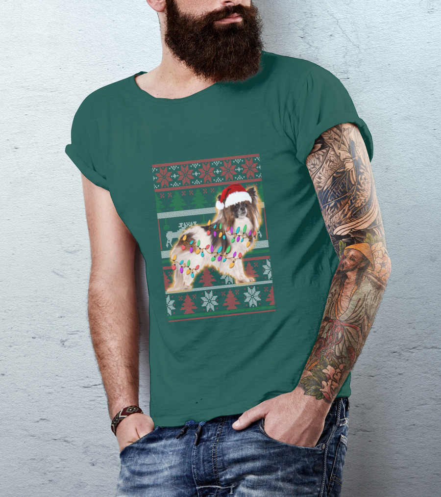 Papillon Dog In Christmas Sweater With Lights And Santa Hat T-Shirt
