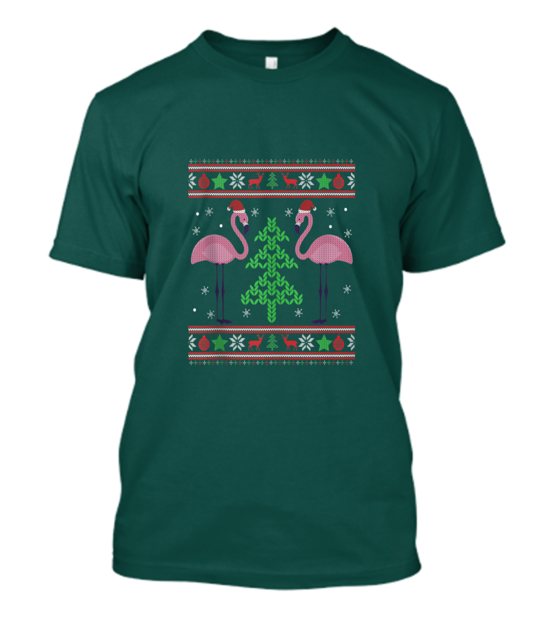 Pink Flamingos Santa Hat Christmas Tree Ugly T-Shirt