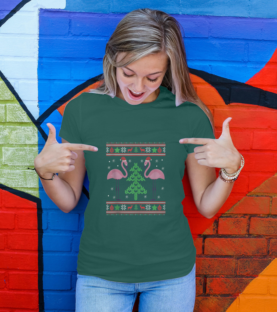 Pink Flamingos Santa Hat Christmas Tree Ugly T-Shirt