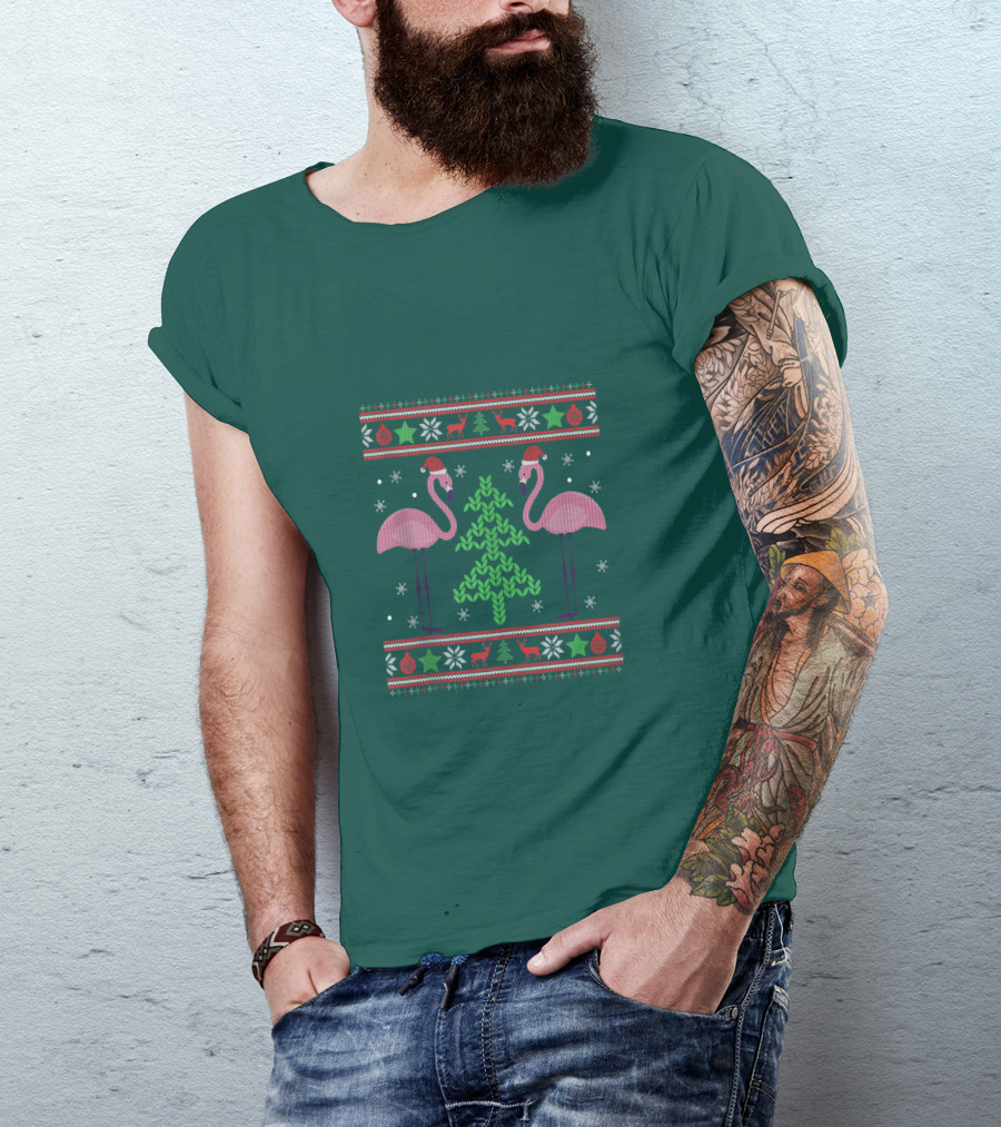 Pink Flamingos Santa Hat Christmas Tree Ugly T-Shirt