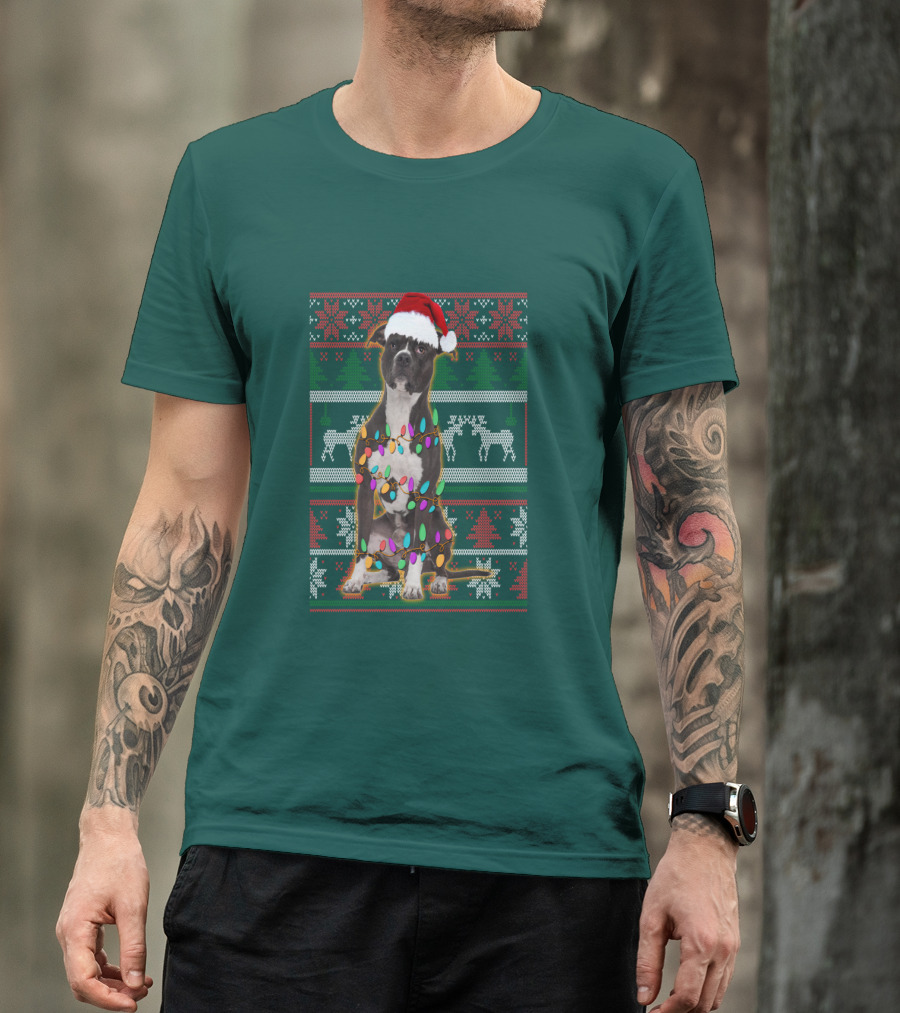Pitbull Christmas Sweater With Santa Hat And Holiday Lights T-Shirt