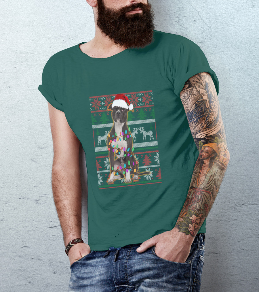Pitbull Christmas Sweater With Santa Hat And Holiday Lights T-Shirt