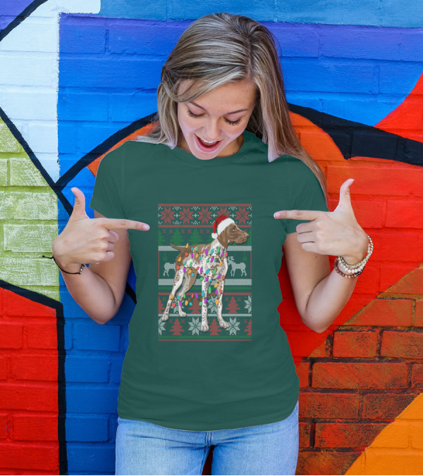 Pointer Christmas Ugly Sweater Santa Hat Lights T-Shirt