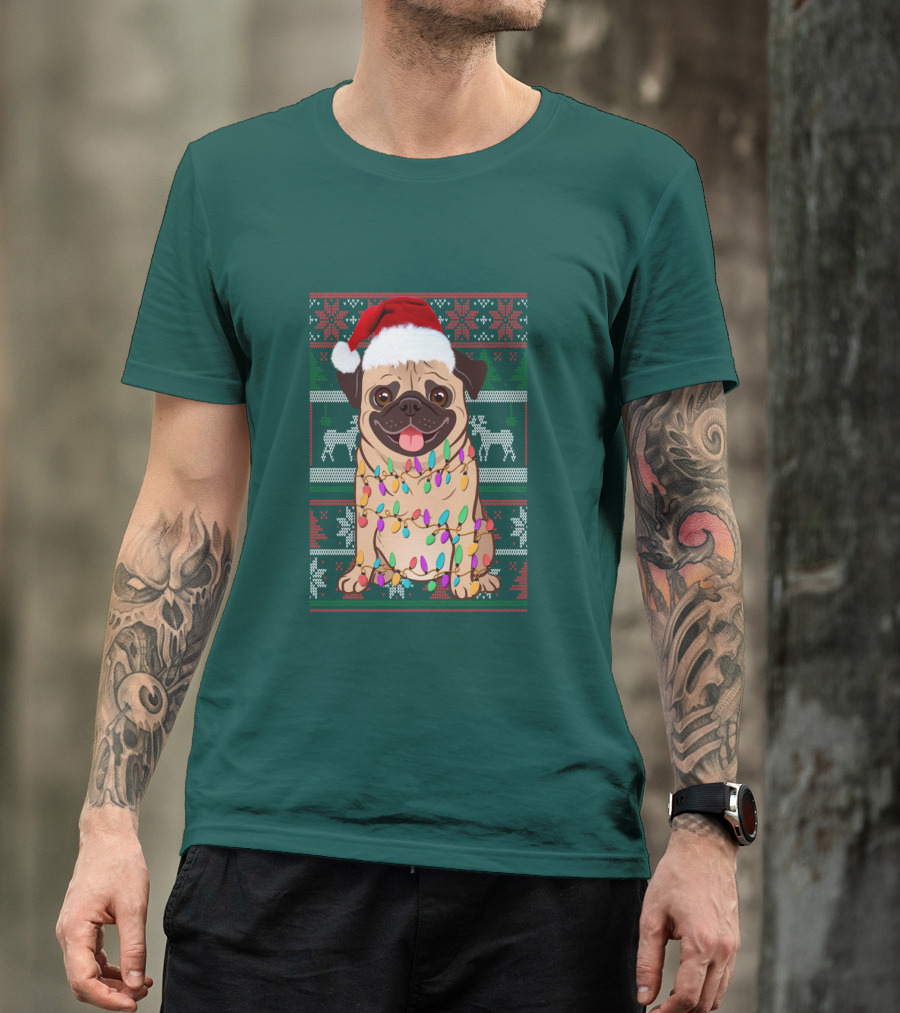 Pug Christmas Santa Hat Holiday Lights Sweater Reindeer T-Shirt