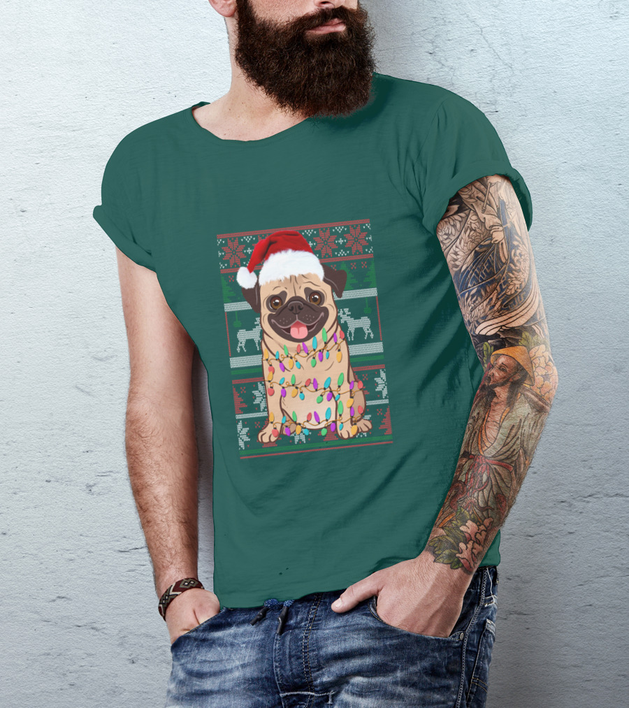 Pug Christmas Santa Hat Holiday Lights Sweater Reindeer T-Shirt