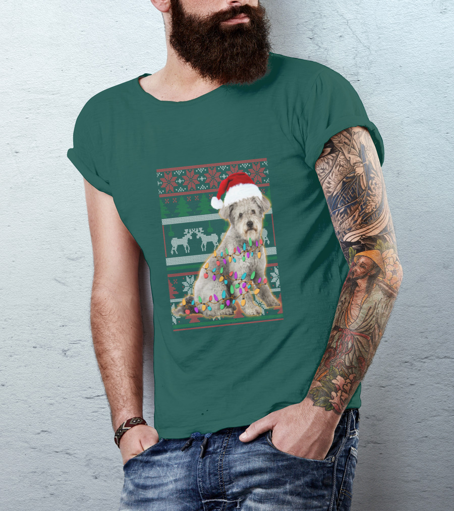 Pumi Dog Christmas Lights Santa Hat Ugly T-Shirt