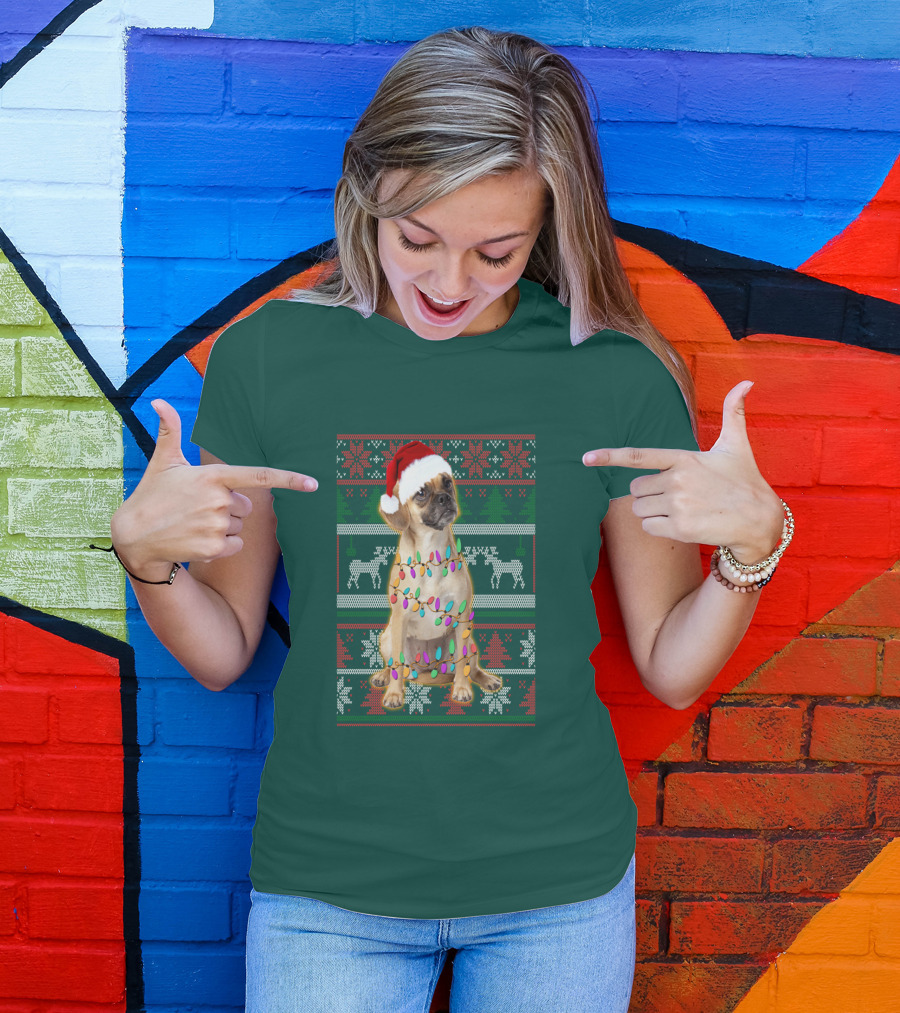Puggle Christmas Santa Hat With Holiday Lights T-Shirt