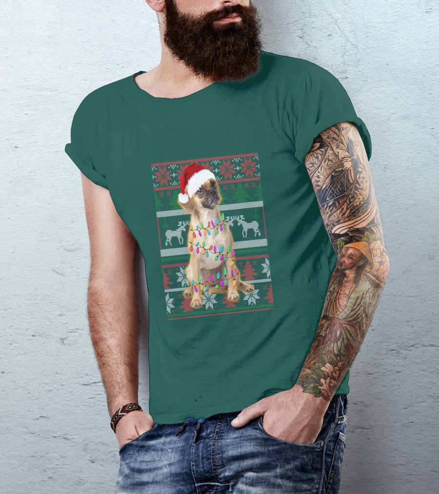 Puggle Christmas Santa Hat With Holiday Lights T-Shirt