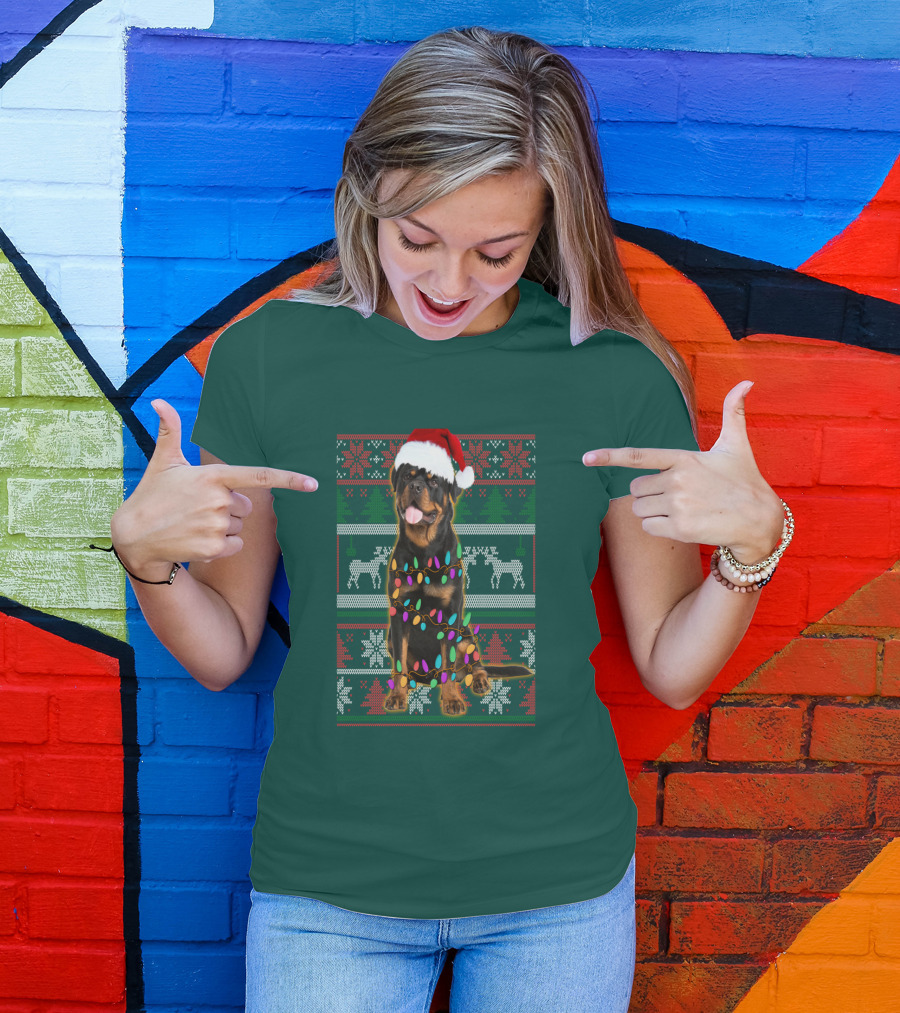 Rottweiler Christmas Lights Ugly Sweater Santa Hat Reindeer Snowflakes T-Shirt