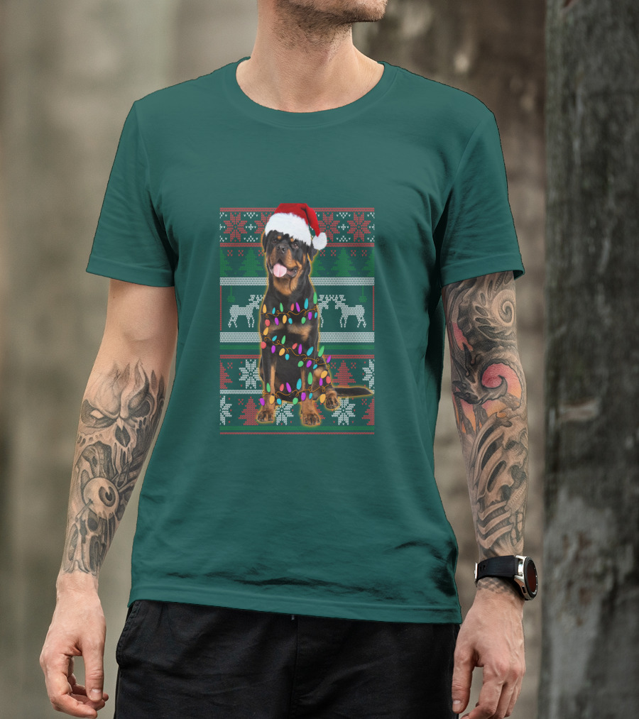 Rottweiler Christmas Lights Ugly Sweater Santa Hat Reindeer Snowflakes T-Shirt