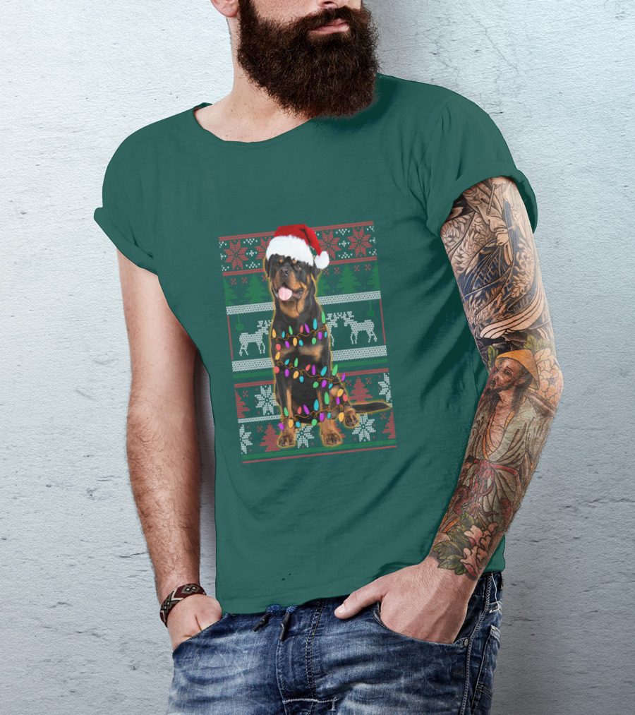 Rottweiler Christmas Lights Ugly Sweater Santa Hat Reindeer Snowflakes T-Shirt