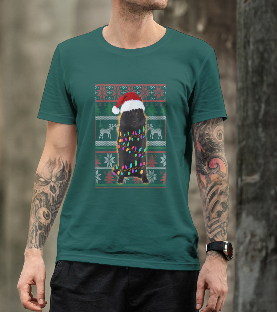 Schipperke Santa Hat Festive Christmas Lights Ugly T-Shirt