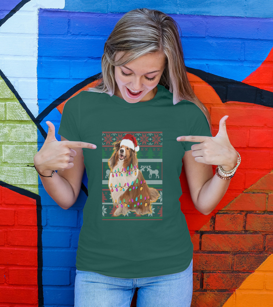 Shetland Sheepdog Christmas Lights Sweater Santa Hat Holiday Festive T-Shirt
