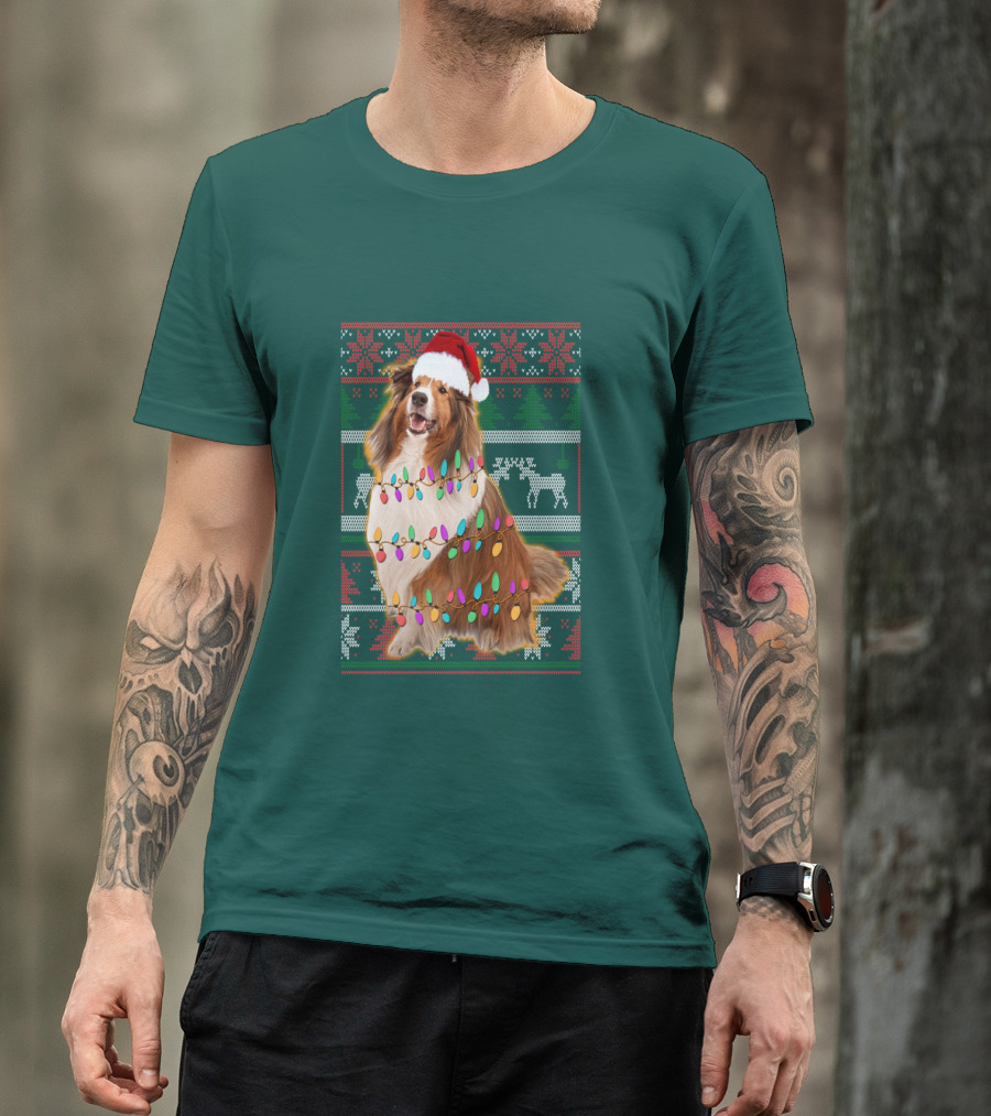 Shetland Sheepdog Christmas Lights Sweater Santa Hat Holiday Festive T-Shirt