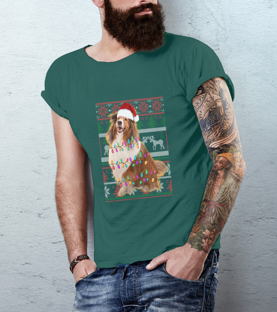 Shetland Sheepdog Christmas Lights Sweater Santa Hat Holiday Festive T-Shirt