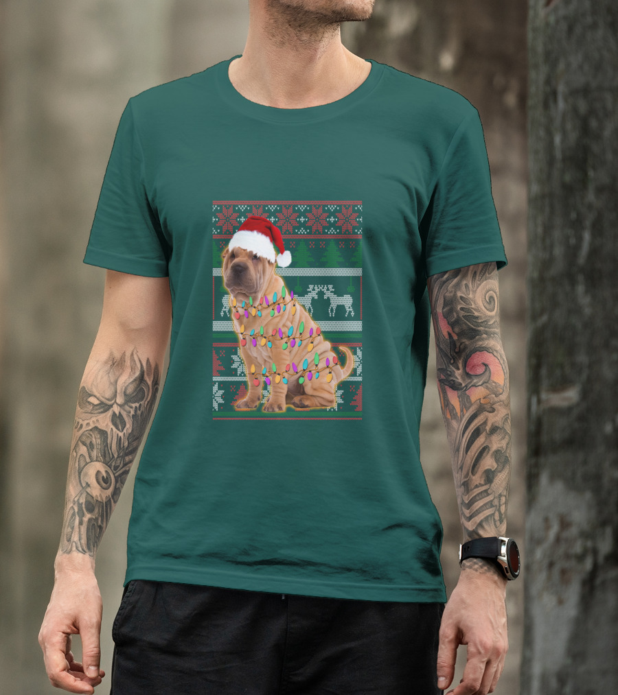 Shar Pei Christmas Lights Santa Hat Puppy T-Shirt