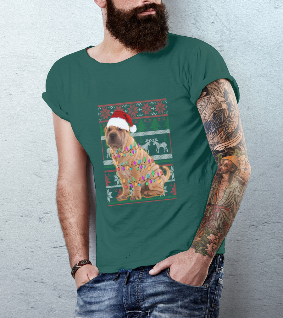 Shar Pei Christmas Lights Santa Hat Puppy T-Shirt