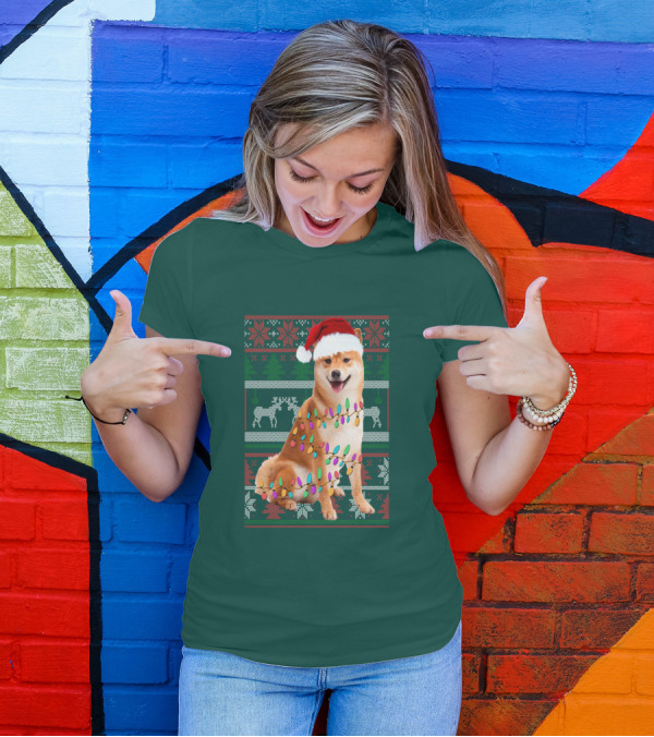 Shiba Inu Christmas Sweater Lights Santa Hat T-Shirt