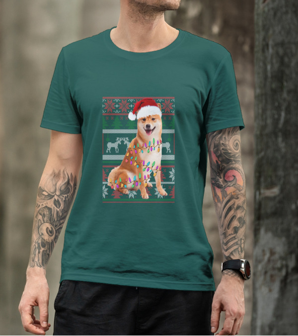 Shiba Inu Christmas Sweater Lights Santa Hat T-Shirt