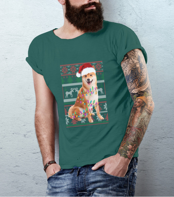 Shiba Inu Christmas Sweater Lights Santa Hat T-Shirt