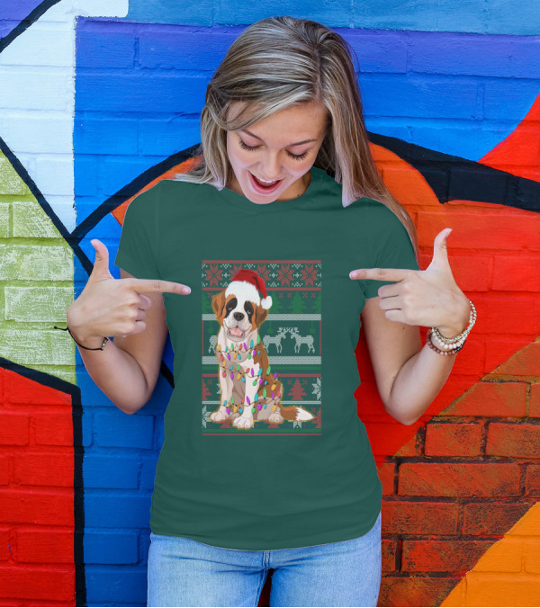 St Bernard Christmas Lights Ugly T-Shirt