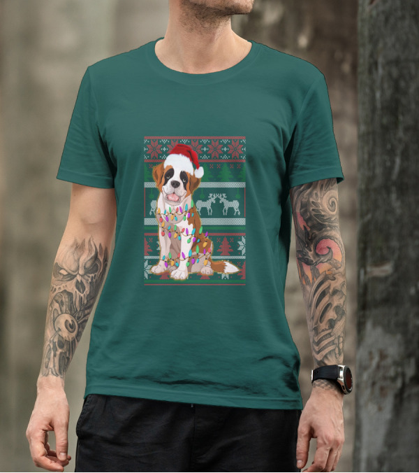 St Bernard Christmas Lights Ugly T-Shirt