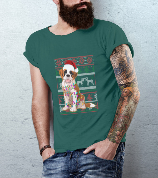 St Bernard Christmas Lights Ugly T-Shirt