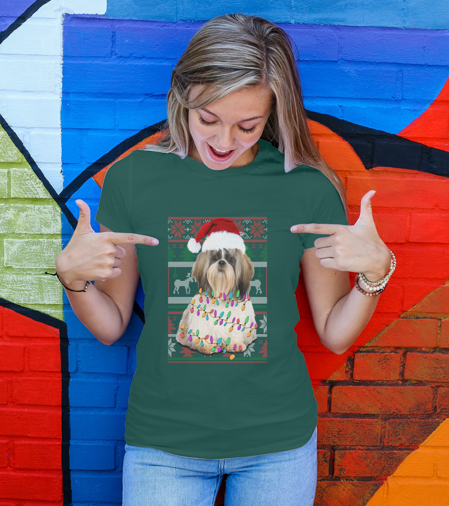 Shih Tzu Christmas Lights Santa Hat Holiday T-Shirt