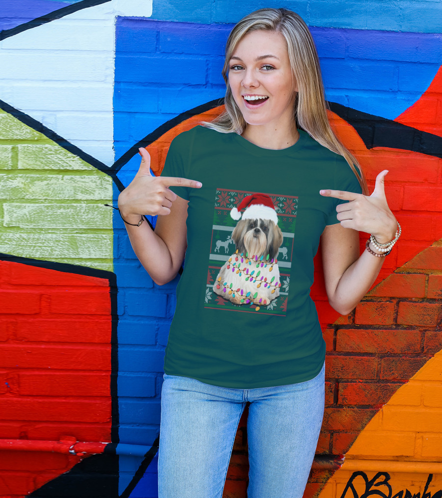 Shih Tzu Christmas Lights Santa Hat Holiday T-Shirt