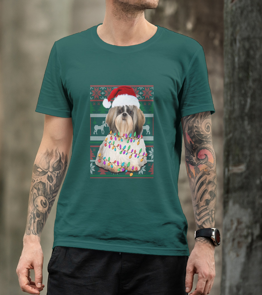 Shih Tzu Christmas Lights Santa Hat Holiday T-Shirt