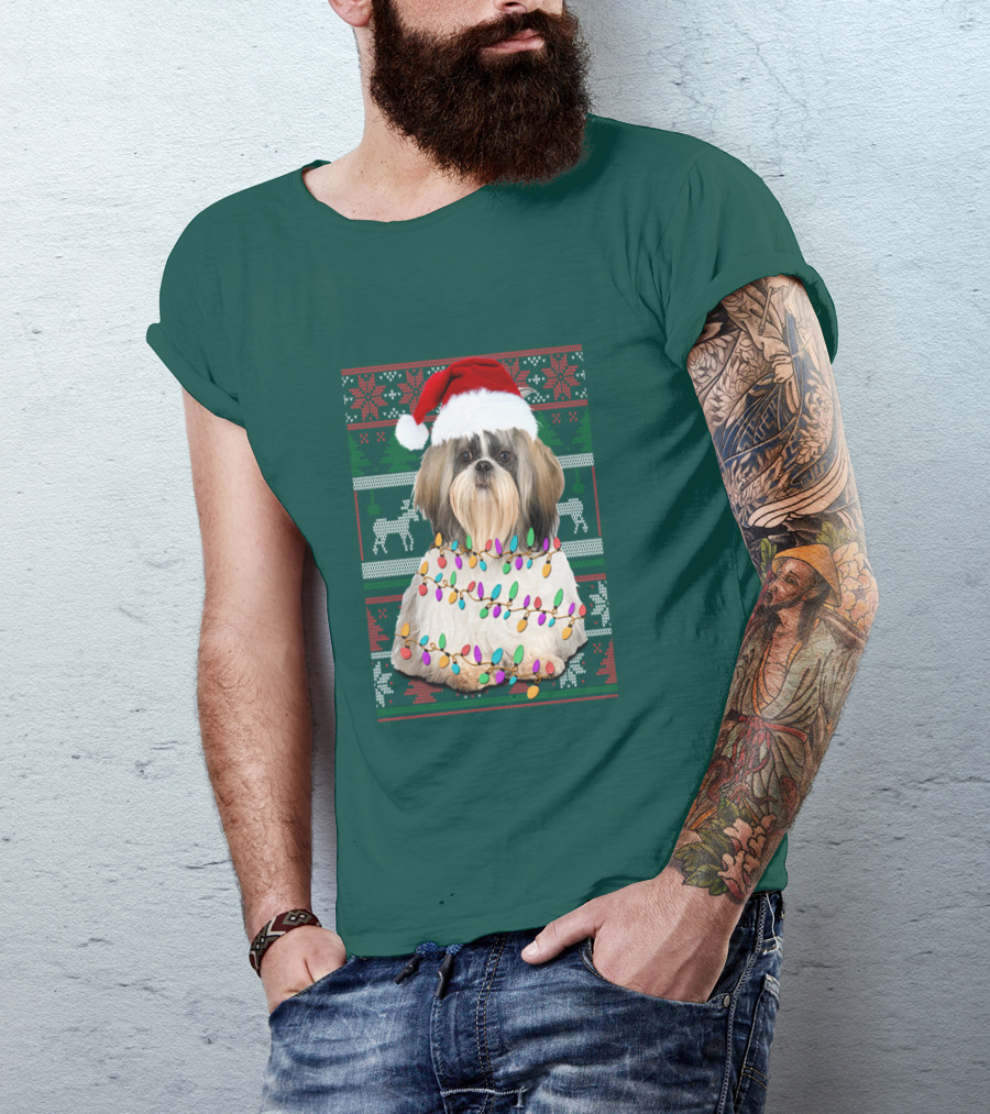 Shih Tzu Christmas Lights Santa Hat Holiday T-Shirt