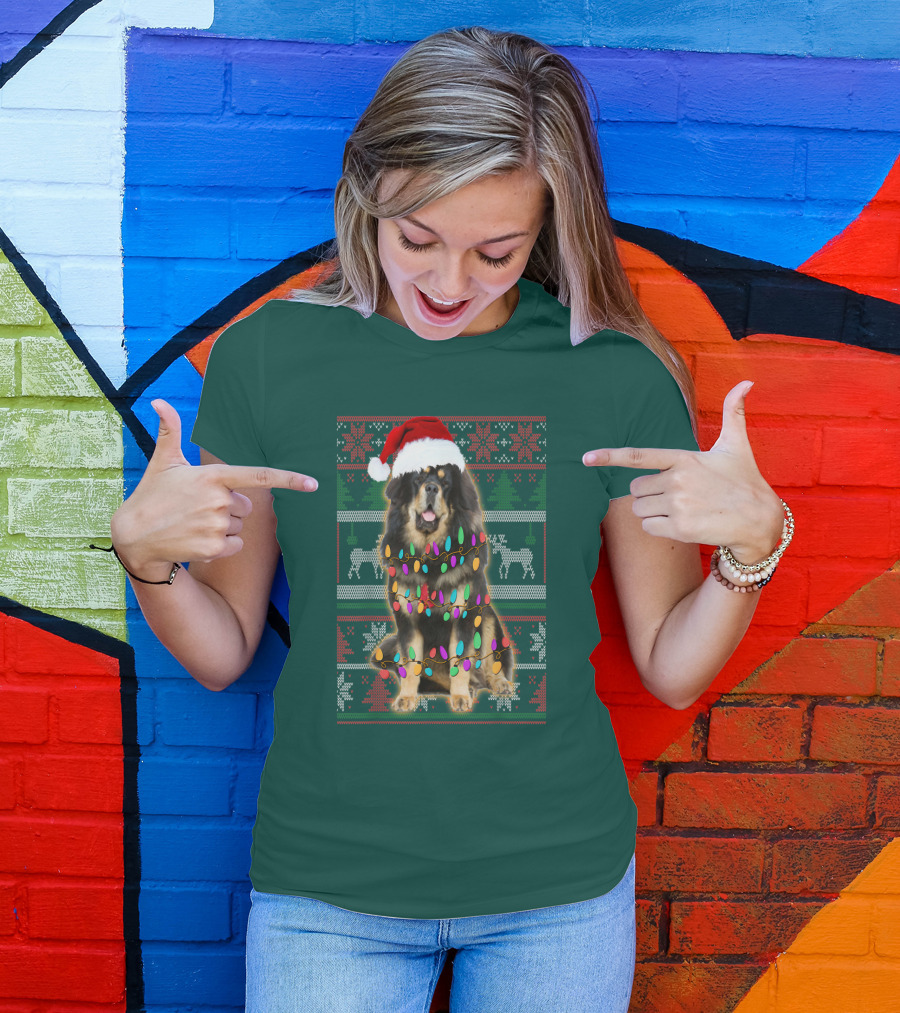 Tibetan Mastiff Christmas Sweater With Lights And Santa Hat T-Shirt