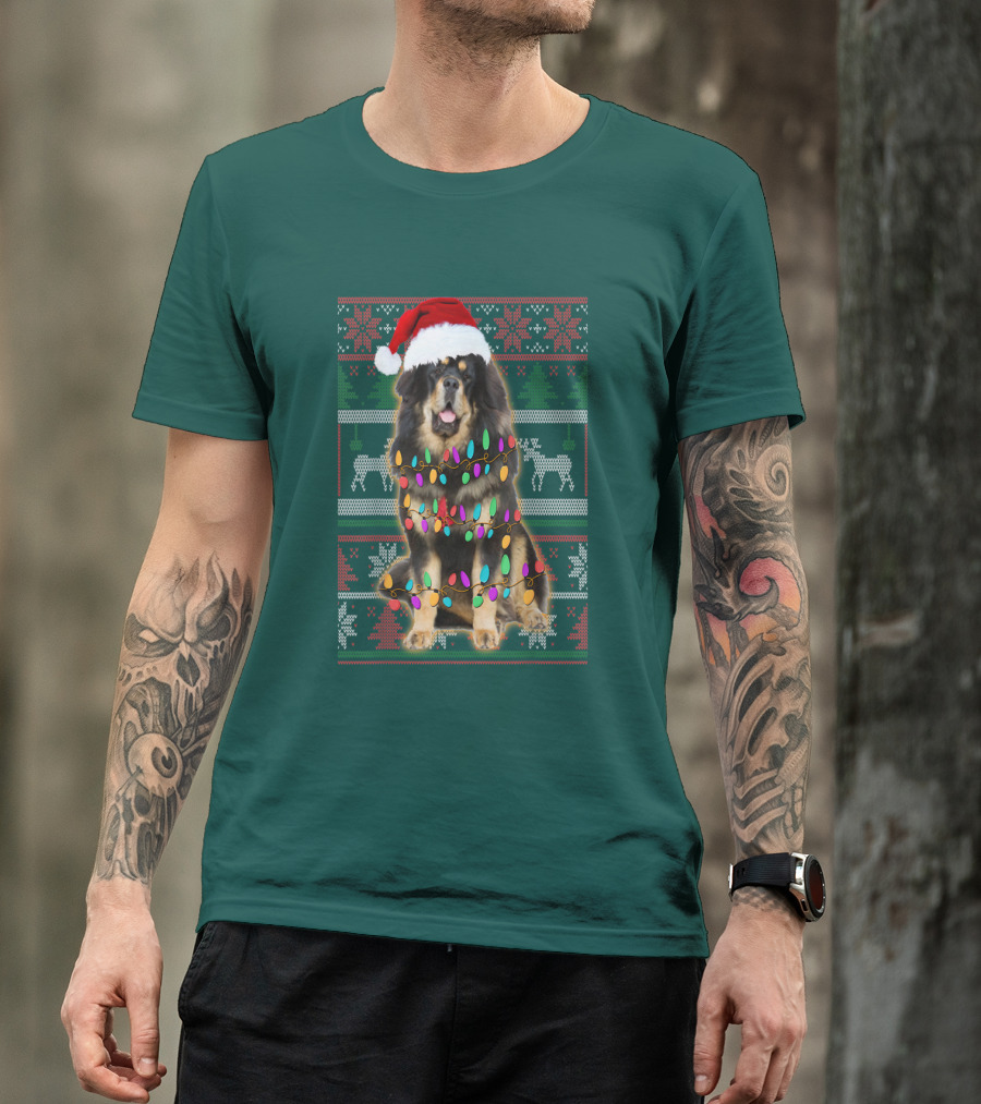 Tibetan Mastiff Christmas Sweater With Lights And Santa Hat T-Shirt