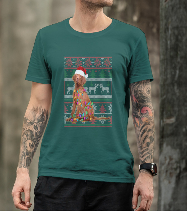 Vizsla Christmas Lights Santa Hat Ugly T-Shirt