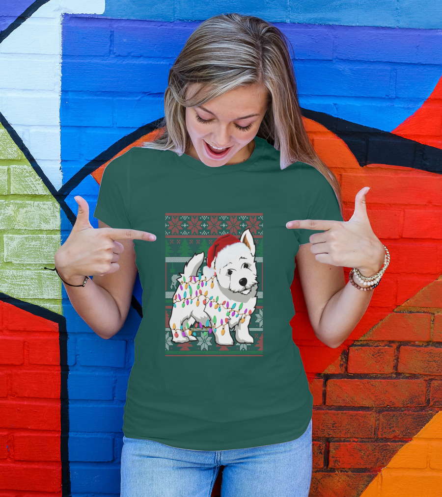 West Highland White Terrier Christmas Lights Ugly Sweater Santa Hat T-Shirt