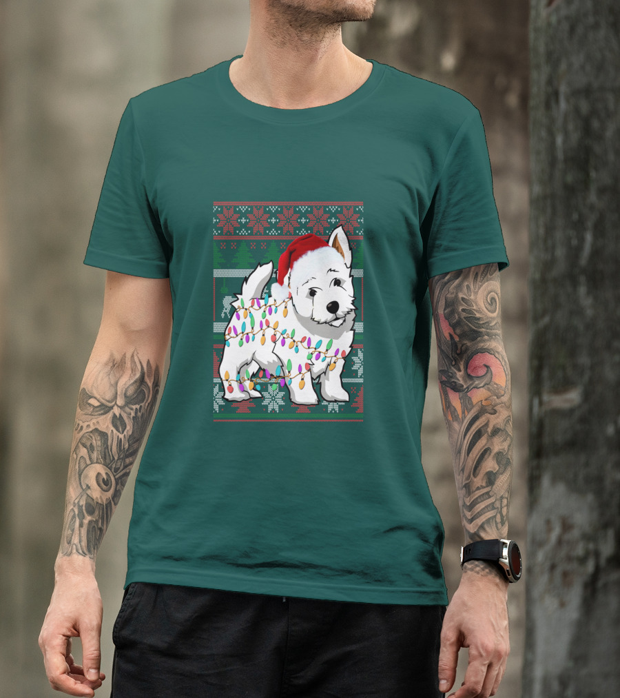 West Highland White Terrier Christmas Lights Ugly Sweater Santa Hat T-Shirt