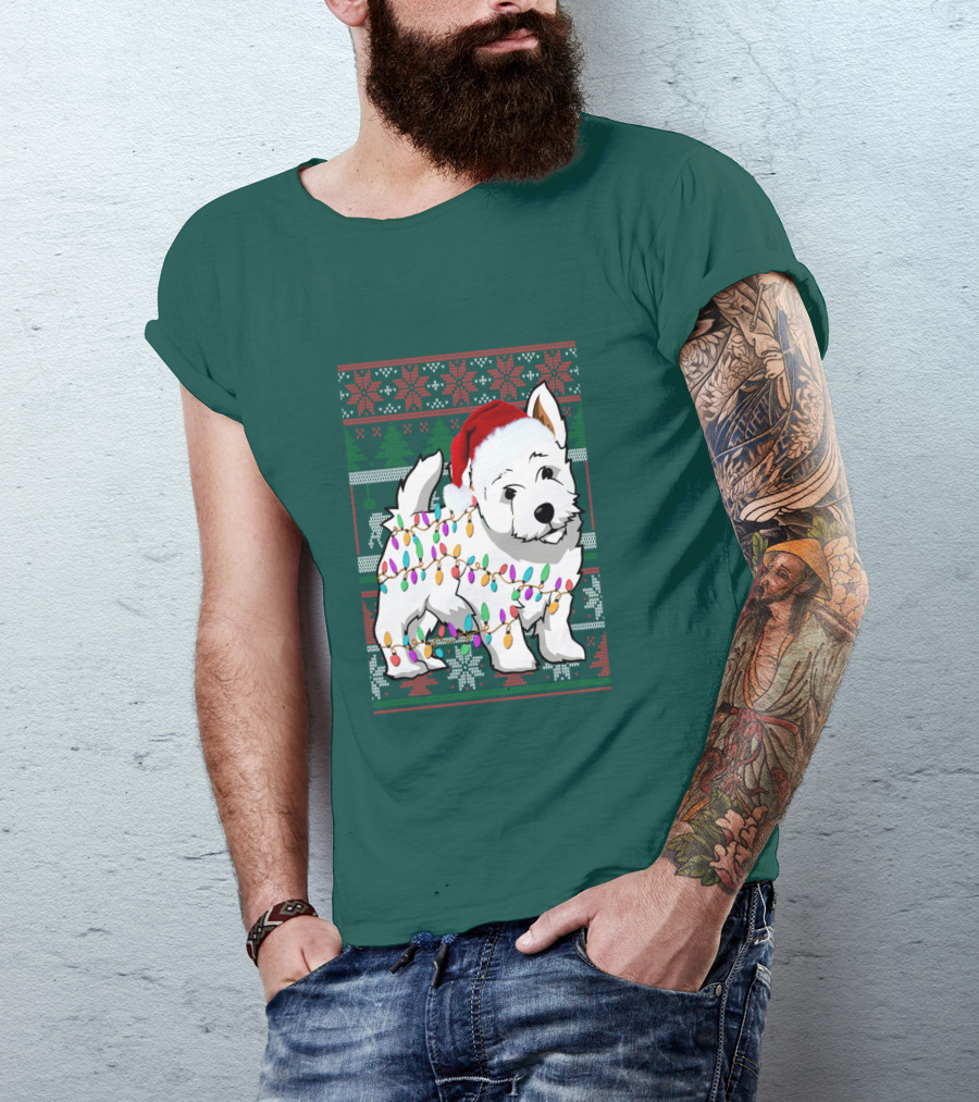 West Highland White Terrier Christmas Lights Ugly Sweater Santa Hat T-Shirt