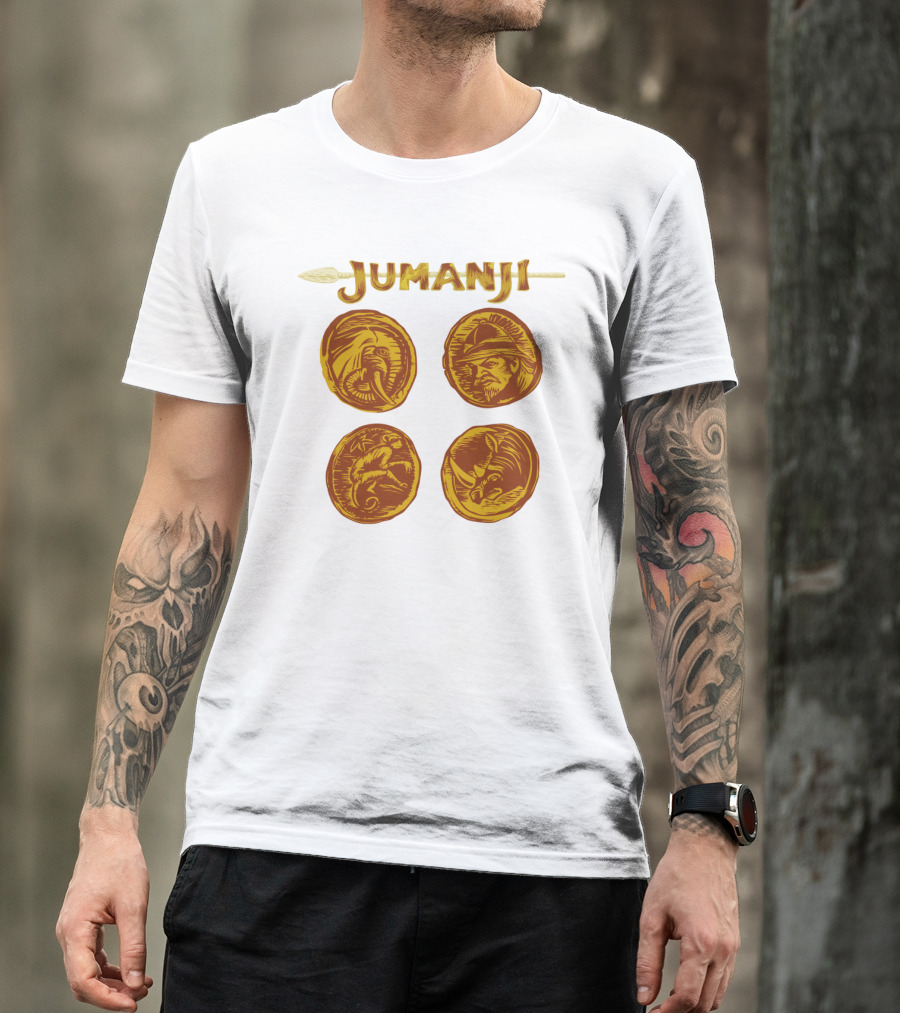 Jumanji Character Portrait Coins And Spear Sketch T-Shirt