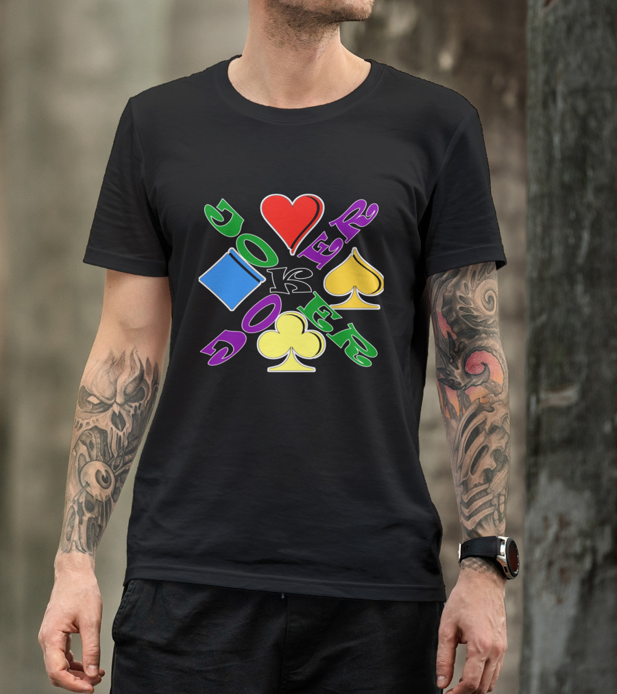 Rainbow Colored Joker Heart Spade Club Diamond Playing Cards T-Shirt