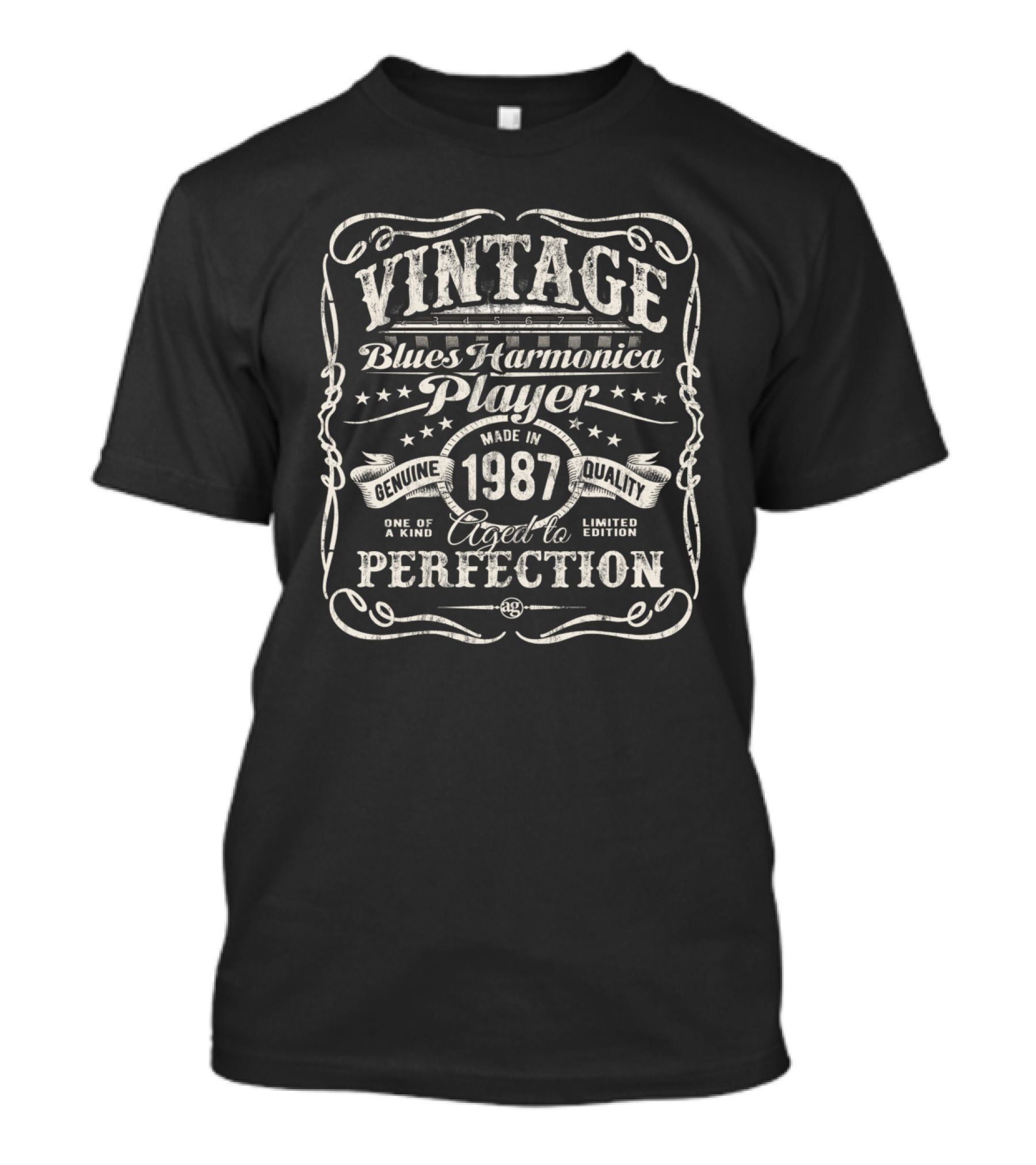 Vintage Blues Harmonica Player Made In 1987 Aged To Perfection Genuine Quality T-Shirt