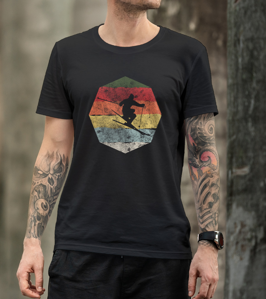 Vintage Winter Skier Birthday Hexagonal Retro Stripes T-Shirt