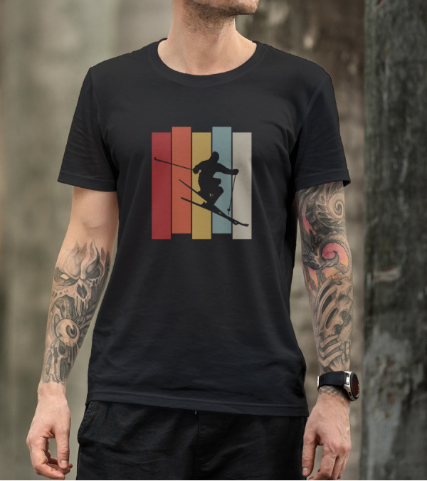 Vintage Skiing Silhouette On Colorful Retro Stripes T-Shirt