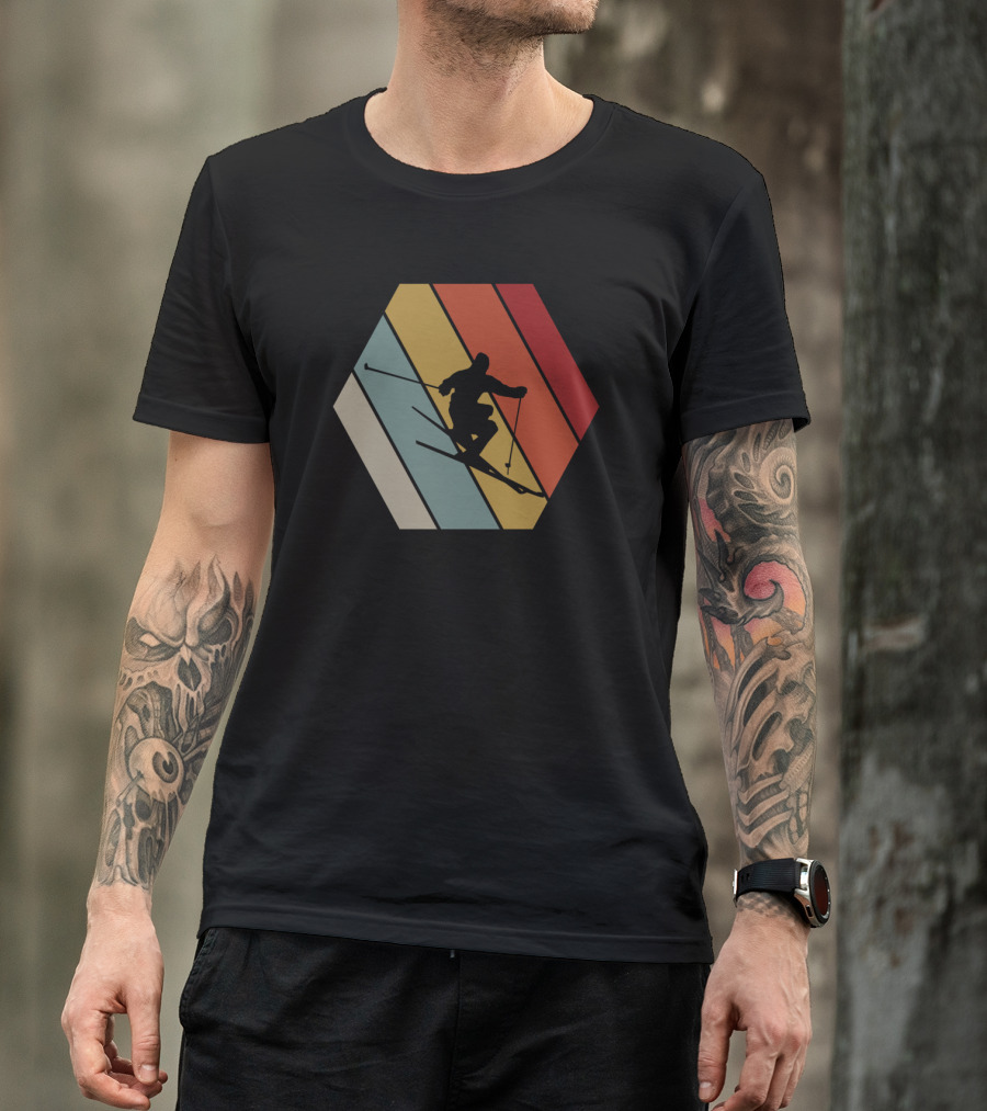 Funny Vintage Skier Hexagonal Stripes Winter T-Shirt