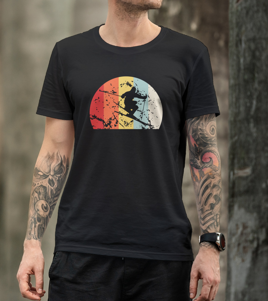 Retro Vintage Skiing Silhouette With Colorful Sunset Stripes T-Shirt
