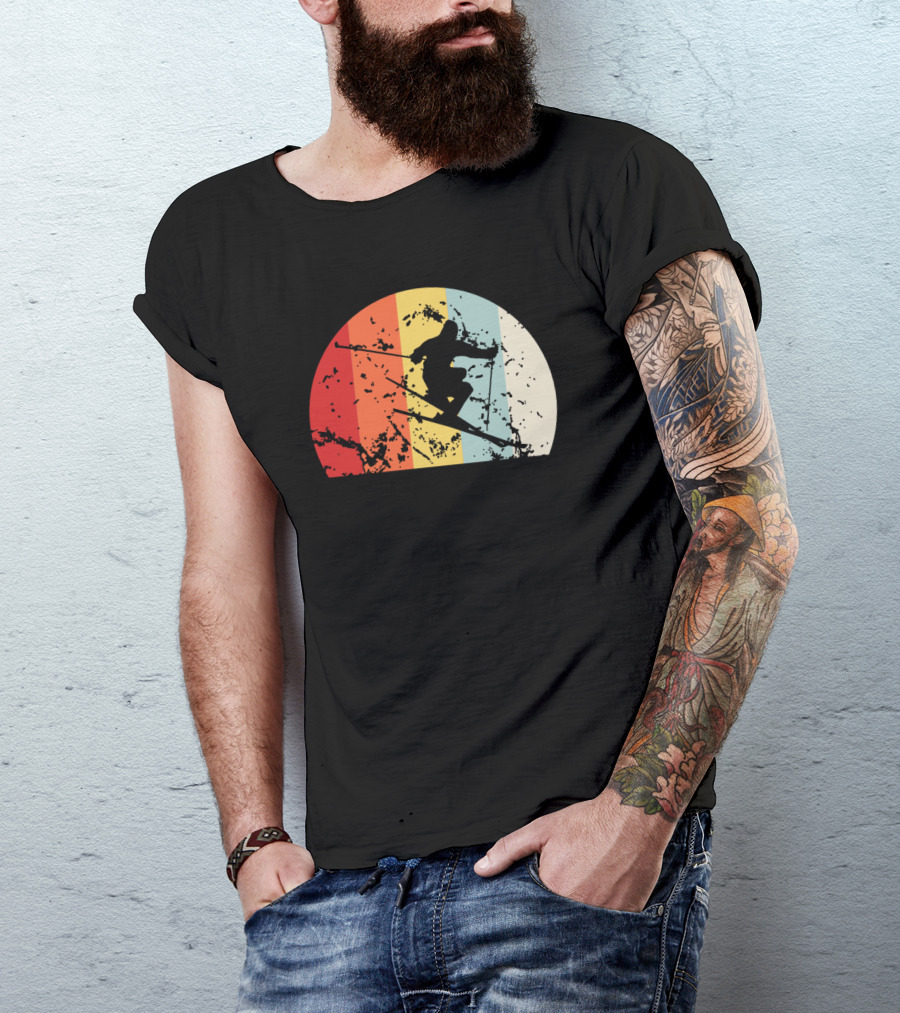 Retro Vintage Skiing Silhouette With Colorful Sunset Stripes T-Shirt