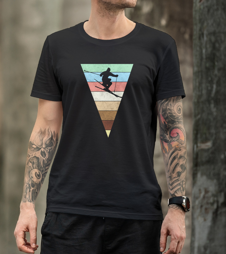 Skiing Vintage Print Silhouette With Retro Stripes For Skiers T-Shirt