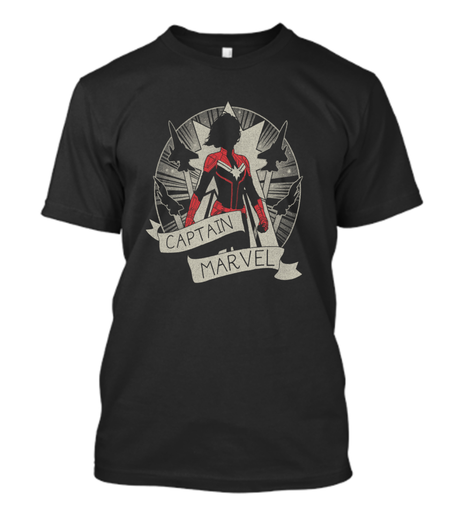 Captain Marvel Silhouette With Jet Planes And Starburst Circle T-Shirt
