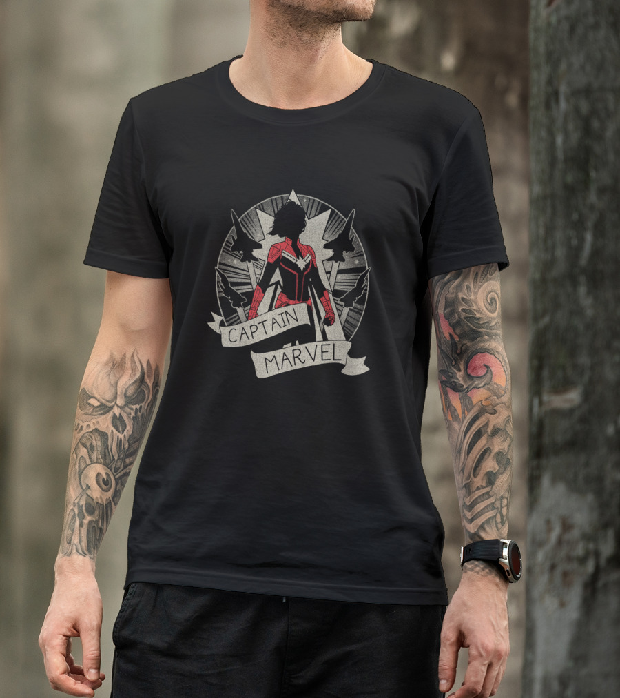 Captain Marvel Silhouette With Jet Planes And Starburst Circle T-Shirt