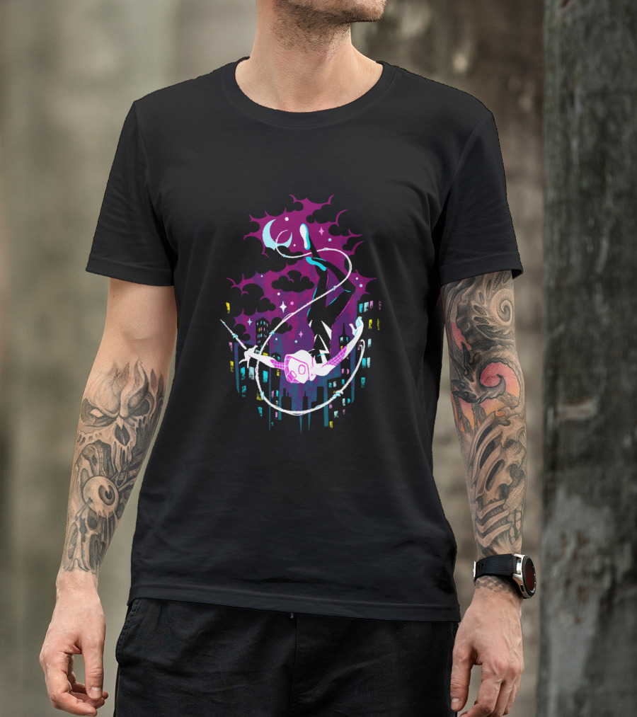 Marvel Ghost Spider Swinging Through Neon City Skyline T-Shirt
