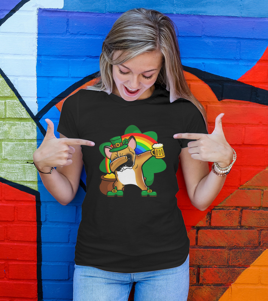 French Bulldog Dabbing Leprechaun With Beer And Rainbow St Patrick's Day T-Shirt
